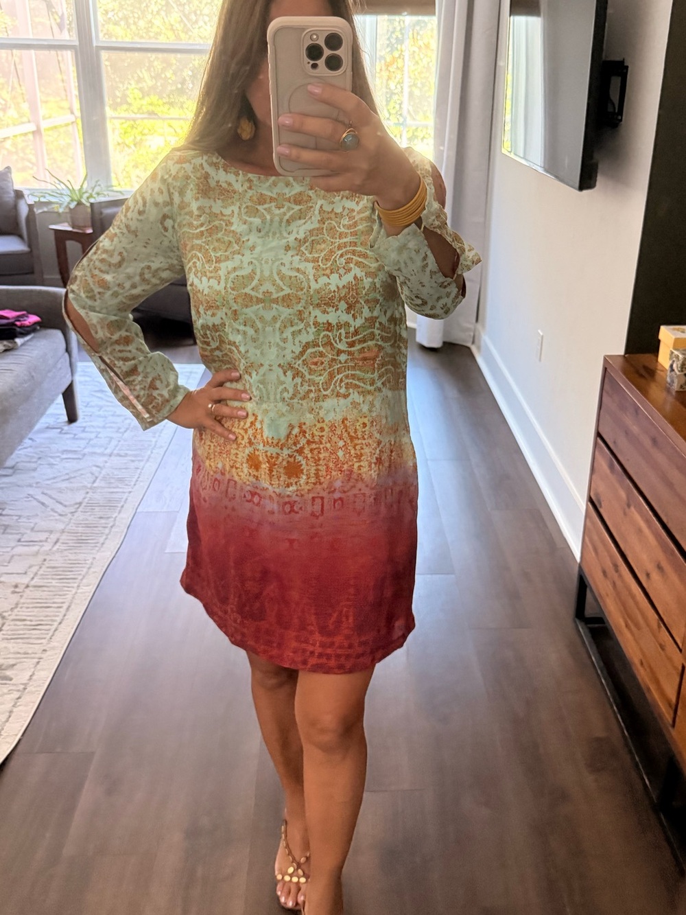 Maeve/Anthropologie Ombre Lace-Print Mini Dress in Mint and Red